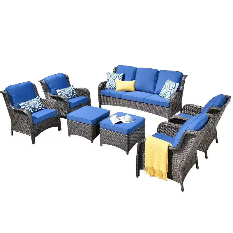 Ensemble de conversation 7 pièces Ovios Orlando en rotin gris pour patio extérieur avec coussins