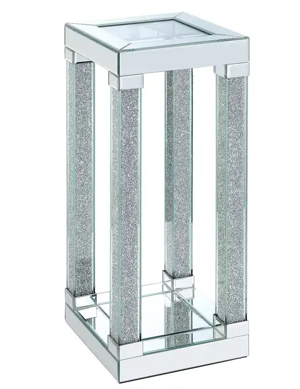 Berni 12 Glam Mirror & Glass Top Chairside Table with Shelf - Silver Metal with Diamond Look Legs