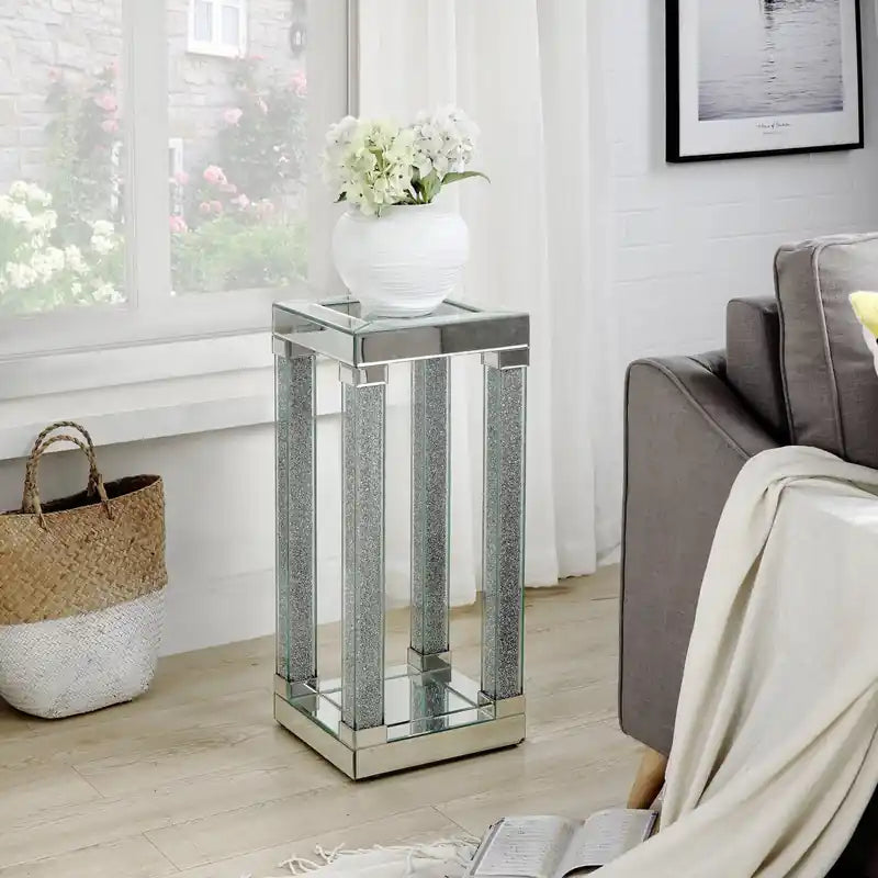 Table d'appoint 12 Glam Miroir et Verre avec Étagère - Métal Argenté avec Pieds Effet Diamant