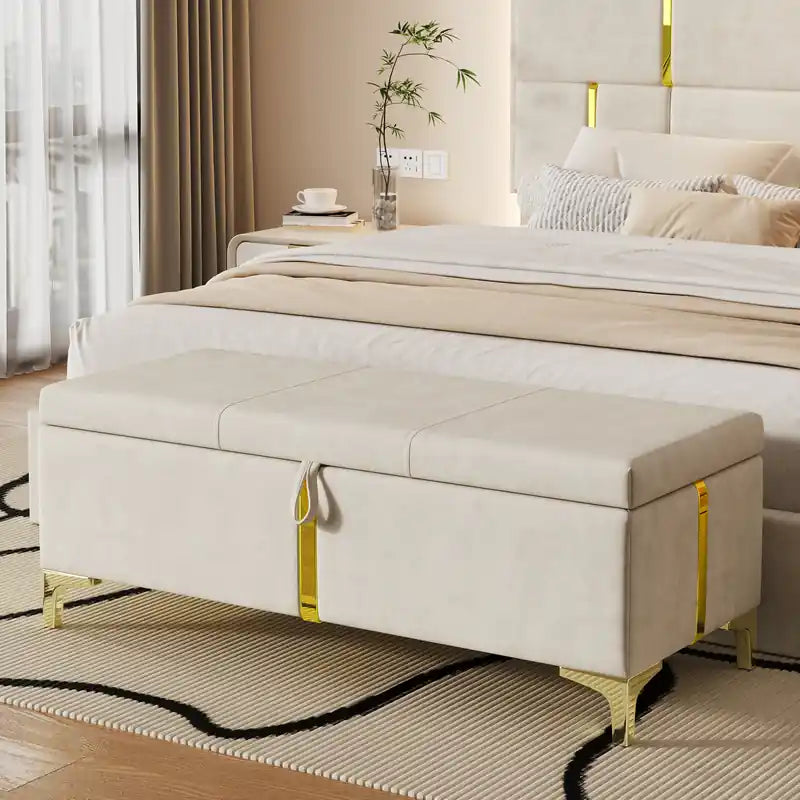 Banc de rangement ottoman en velours doux avec pieds en métal