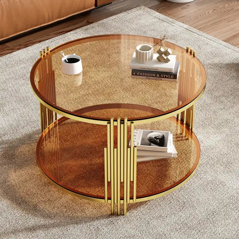 Table basse ronde en verre trempé de 31,5 po avec étagère inférieure
