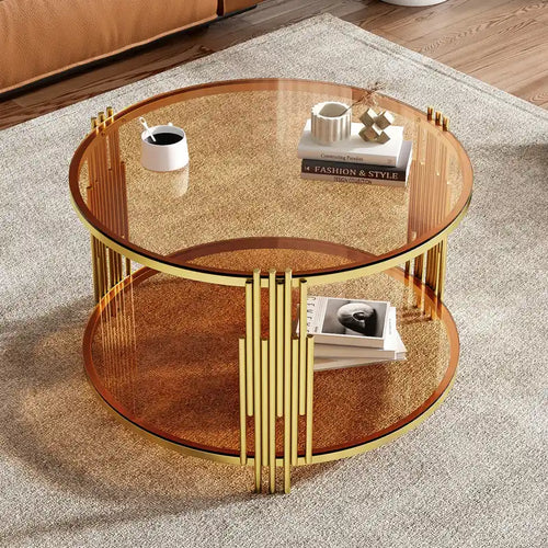 Table basse ronde en verre trempé de 31,5 po avec étagère inférieure