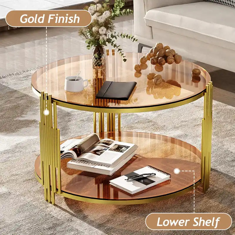 Table basse ronde en verre trempé de 31,5 po avec étagère inférieure