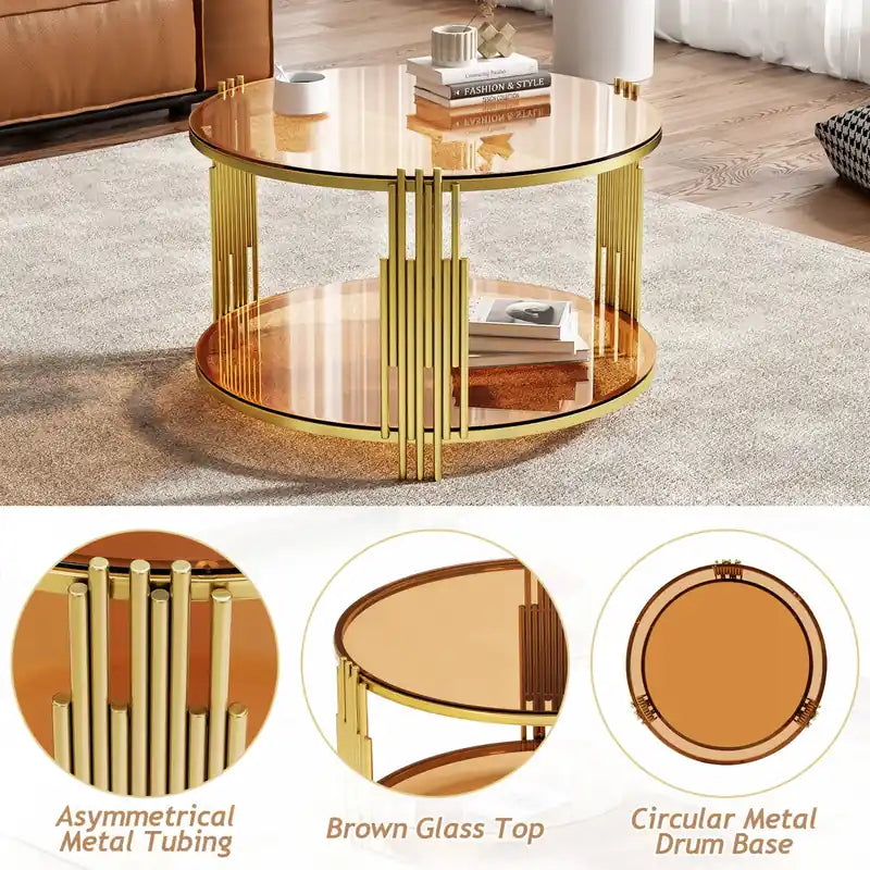 Table basse ronde en verre trempé de 31,5 po avec étagère inférieure