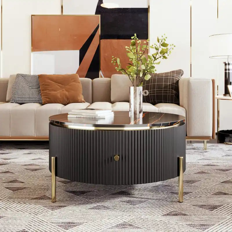 Table Basse Ronde Moderne de 80 cm avec 2 Tiroirs de Rangement