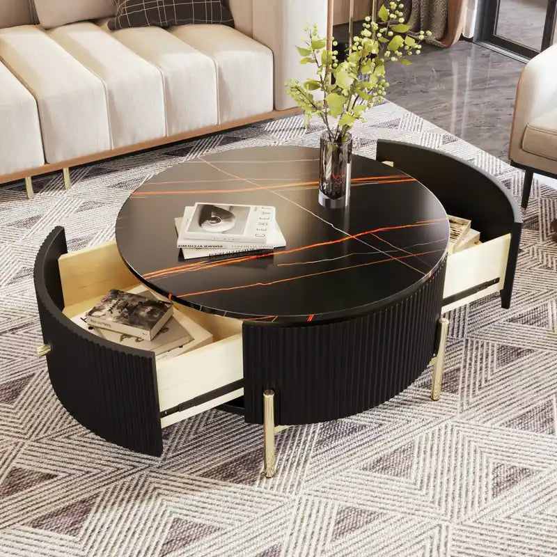Table Basse Ronde Moderne de 80 cm avec 2 Tiroirs de Rangement