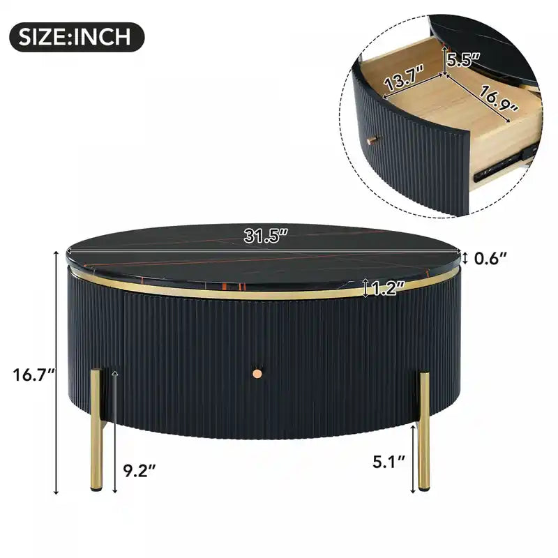 Table Basse Ronde Moderne de 80 cm avec 2 Tiroirs de Rangement