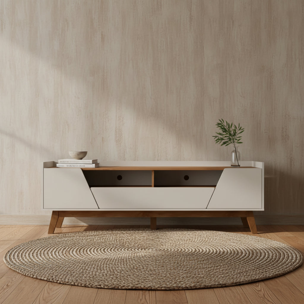 Manhattan Comfort Mid-Century Modern Marcus 70.86 TV Stand with Solid Wood Legs - Greige & Natural