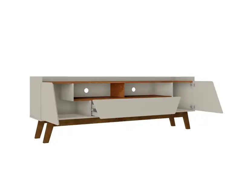 Meuble TV Mid-Century Modern 70.86 avec pieds en bois massif - Greige et Naturel