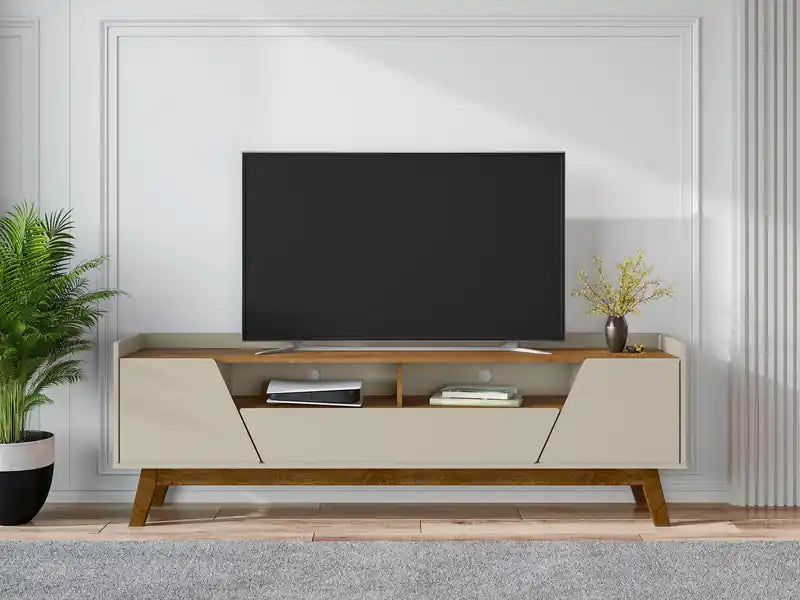 Meuble TV Mid-Century Modern 70.86 avec pieds en bois massif - Greige et Naturel