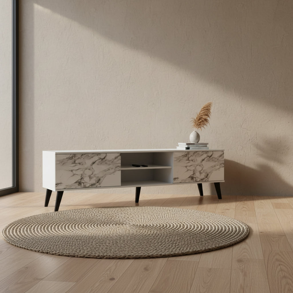 Manhattan Comfort Doyers 70.87 Mid-Century Modern TV Stand - White & Marble Stamp
