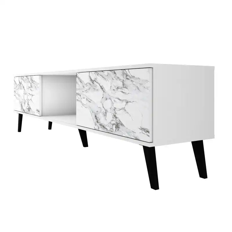 Meuble TV moderne Mid-Century 70.87 – Blanc et aspect marbre