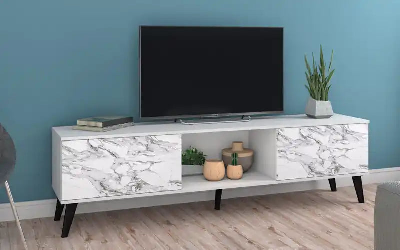 Meuble TV moderne Mid-Century 70.87 – Blanc et aspect marbre