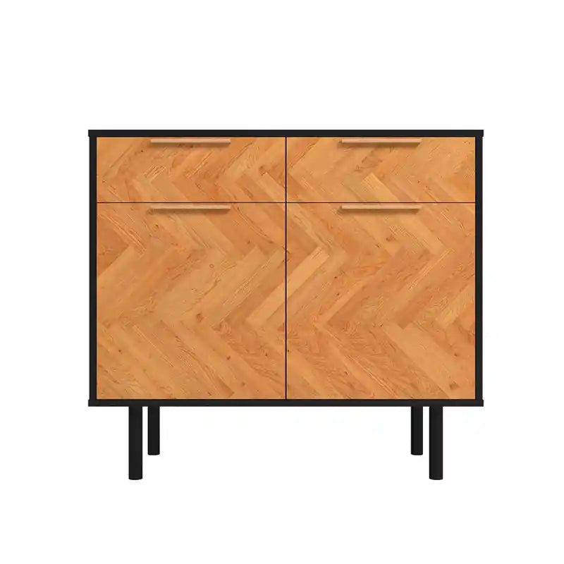Bahut Rétro Mid-Century | Meuble de Rangement à 2 Tiroirs avec Portes en Bois à Chevrons