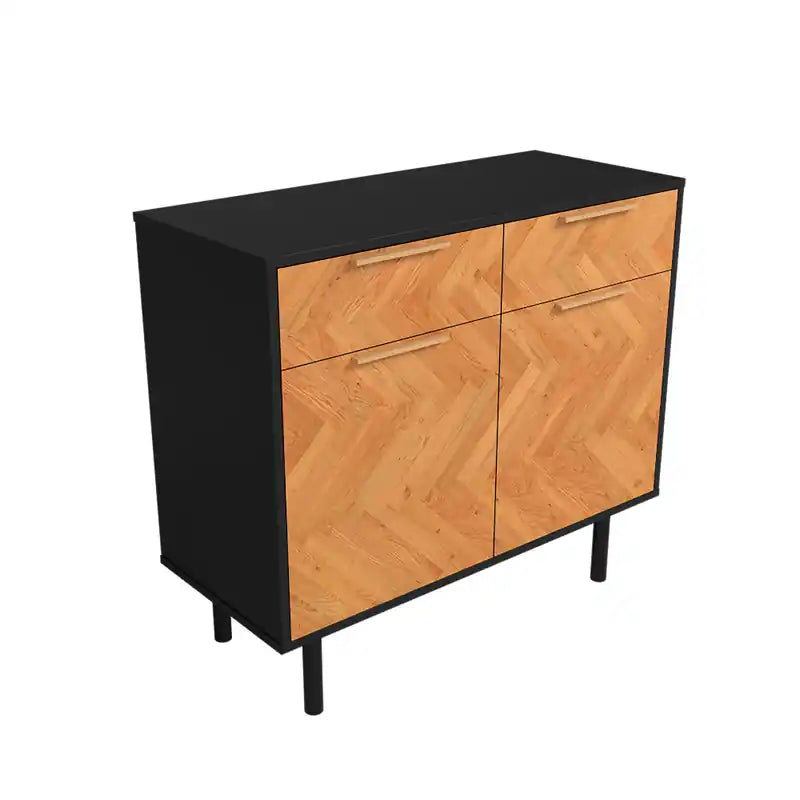 Bahut Rétro Mid-Century | Meuble de Rangement à 2 Tiroirs avec Portes en Bois à Chevrons