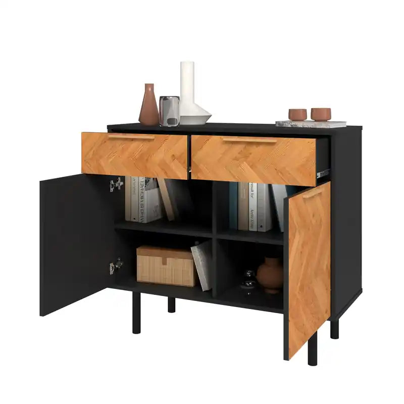 Bahut Rétro Mid-Century | Meuble de Rangement à 2 Tiroirs avec Portes en Bois à Chevrons