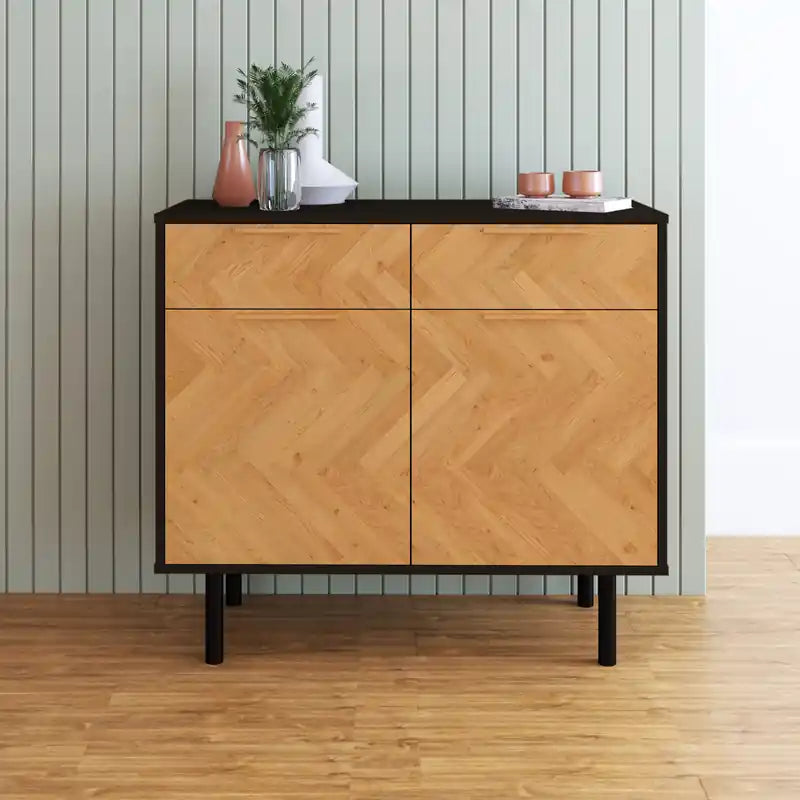 Bahut Rétro Mid-Century | Meuble de Rangement à 2 Tiroirs avec Portes en Bois à Chevrons