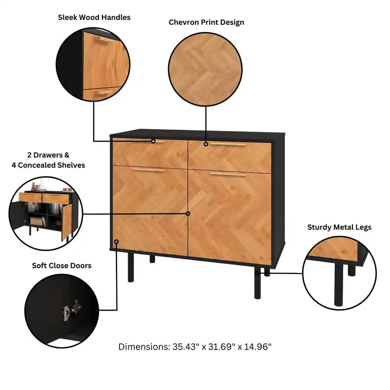 Bahut Rétro Mid-Century | Meuble de Rangement à 2 Tiroirs avec Portes en Bois à Chevrons