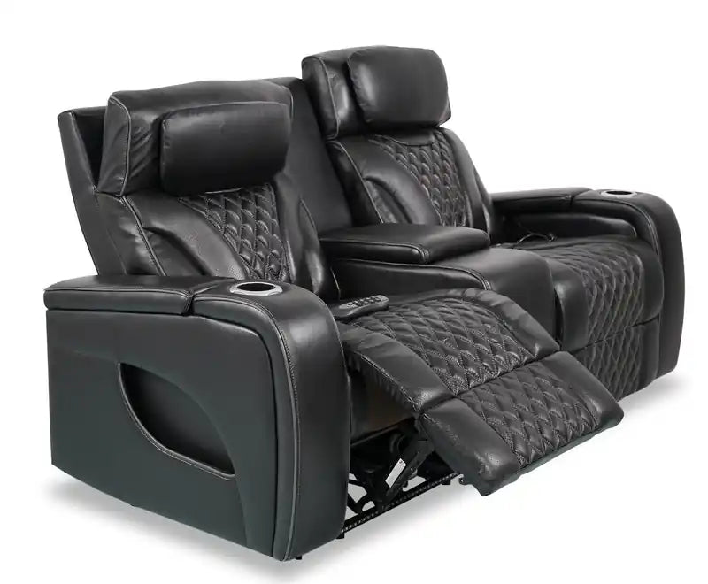Causeuse inclinable électrique de massage en cuir véritable 74 avec appuie-tête électriques et accoudoirs de rangement