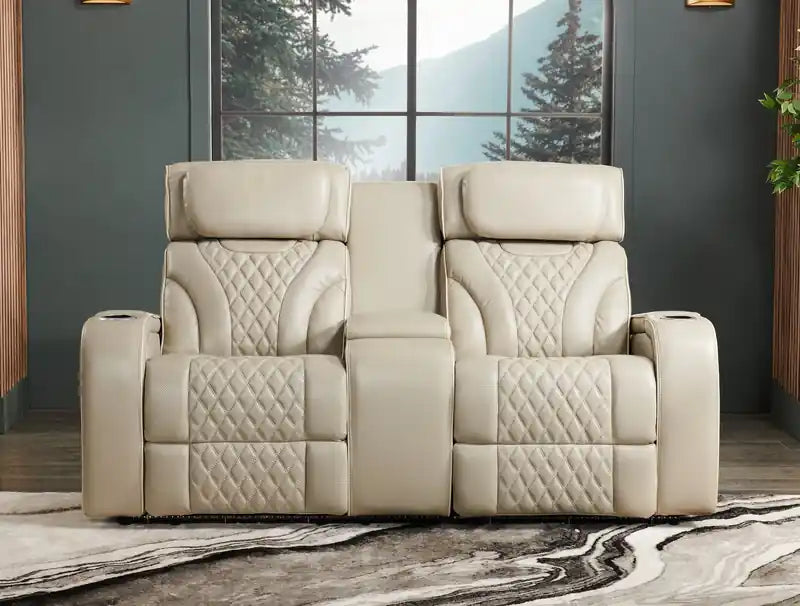 Causeuse inclinable électrique de massage en cuir véritable 74 avec appuie-tête électriques et accoudoirs de rangement