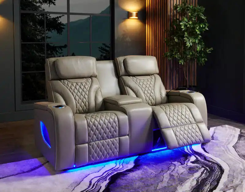 Causeuse inclinable électrique de massage en cuir véritable 74 avec appuie-tête électriques et accoudoirs de rangement