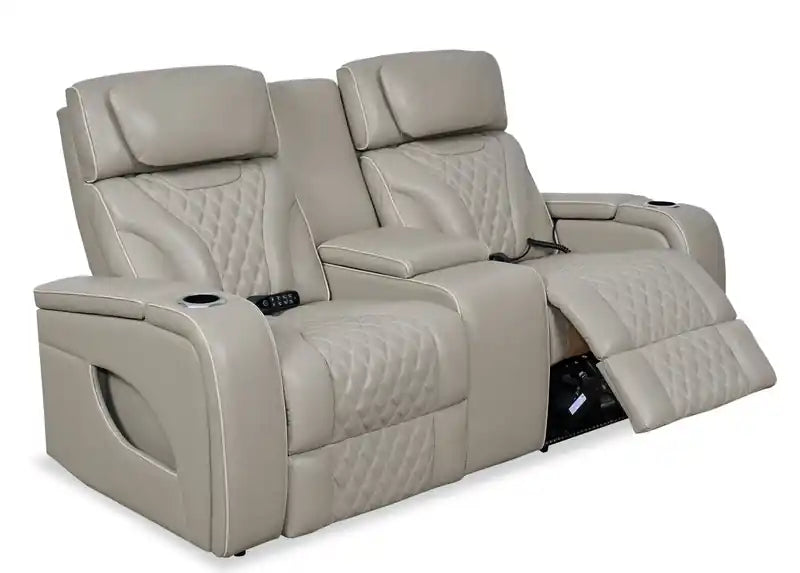 Causeuse inclinable électrique de massage en cuir véritable 74 avec appuie-tête électriques et accoudoirs de rangement