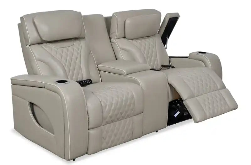 Causeuse inclinable électrique de massage en cuir véritable 74 avec appuie-tête électriques et accoudoirs de rangement