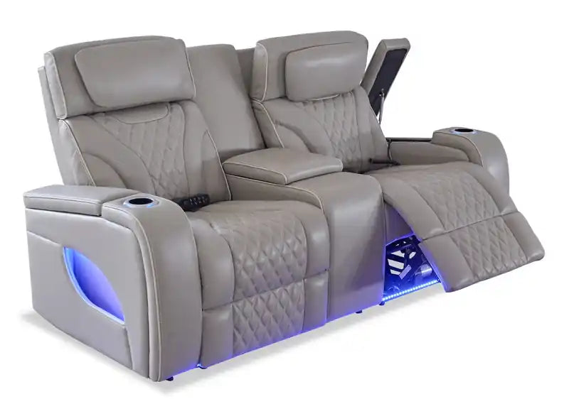 Causeuse inclinable électrique de massage en cuir véritable 74 avec appuie-tête électriques et accoudoirs de rangement