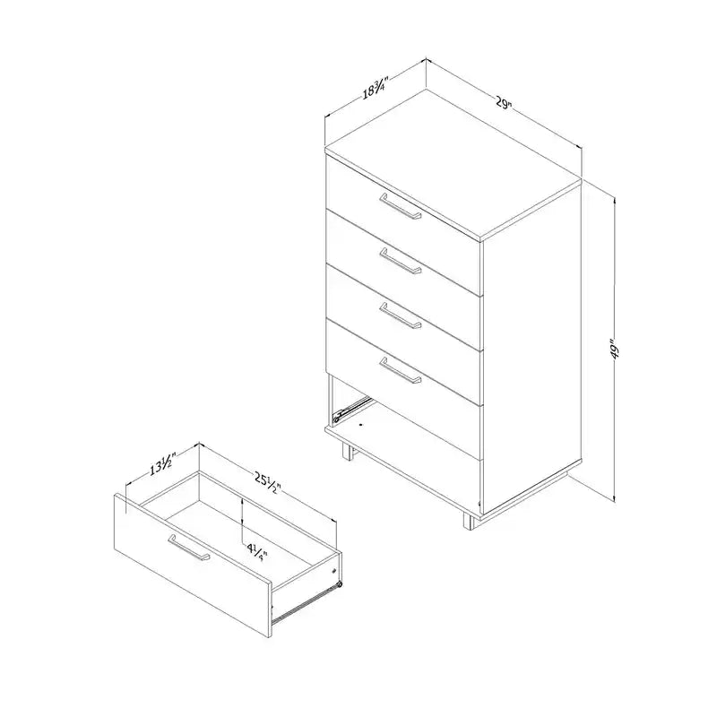 Commode de chambre à 5 tiroirs, 29 po larg.
