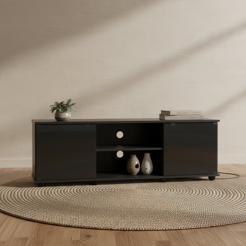 Fiji 60 Modern TV Stand with Storage and Cable Management for TVs up to 65- Black with Glass
