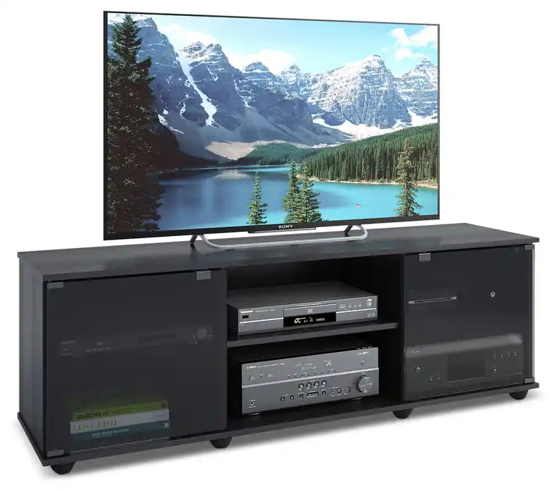Meuble TV moderne de 60 po avec rangement et gestion des câbles pour téléviseurs jusqu'à 65 po - Noir avec verre