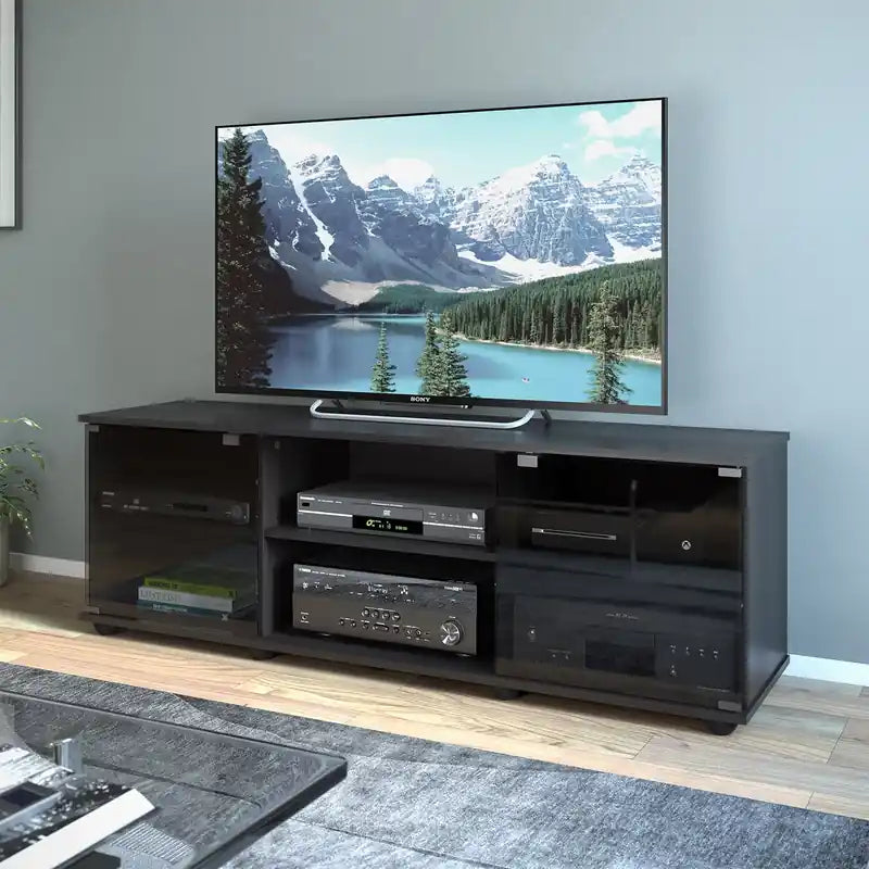 Meuble TV moderne de 60 po avec rangement et gestion des câbles pour téléviseurs jusqu'à 65 po - Noir avec verre
