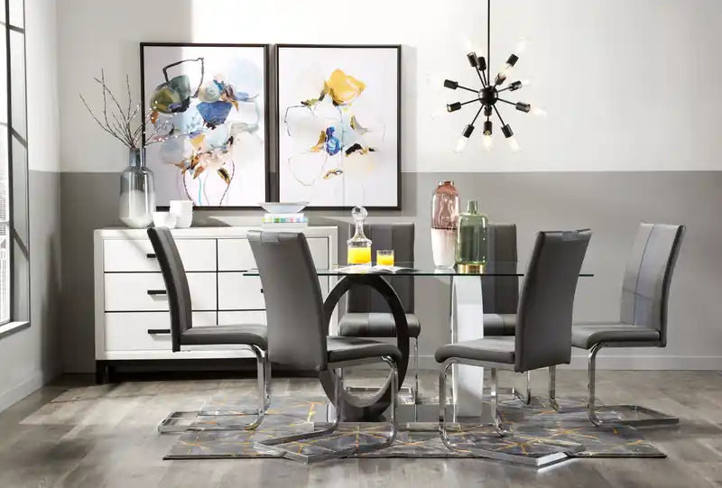 Table à manger avec plateau en verre, piètement central, 63 po l. - Gris et blanc