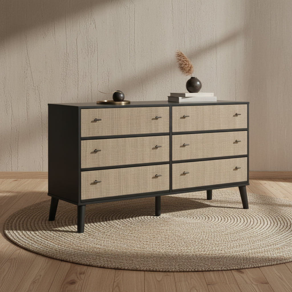 Kylo Bedroom 6-Drawer Dresser, 59W x 33.9H, Modern Mid-Century - Two-tone Black & Beige