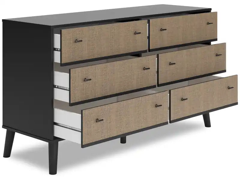 Commode de chambre à 6 tiroirs, 59L x 33,9H, style moderne milieu de siècle - Bicolore Noir et Beige