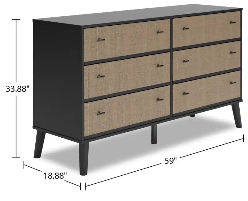 Commode de chambre à 6 tiroirs, 59L x 33,9H, style moderne milieu de siècle - Bicolore Noir et Beige