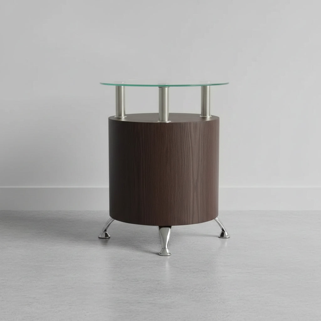 Savon 17.72 Modern Round Glass Top End Table with Shelf - Dark Walnut Wood and Chrome