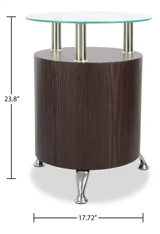 Table d'appoint ronde moderne en verre de 17,72 po avec étagère – Noyer foncé et chrome