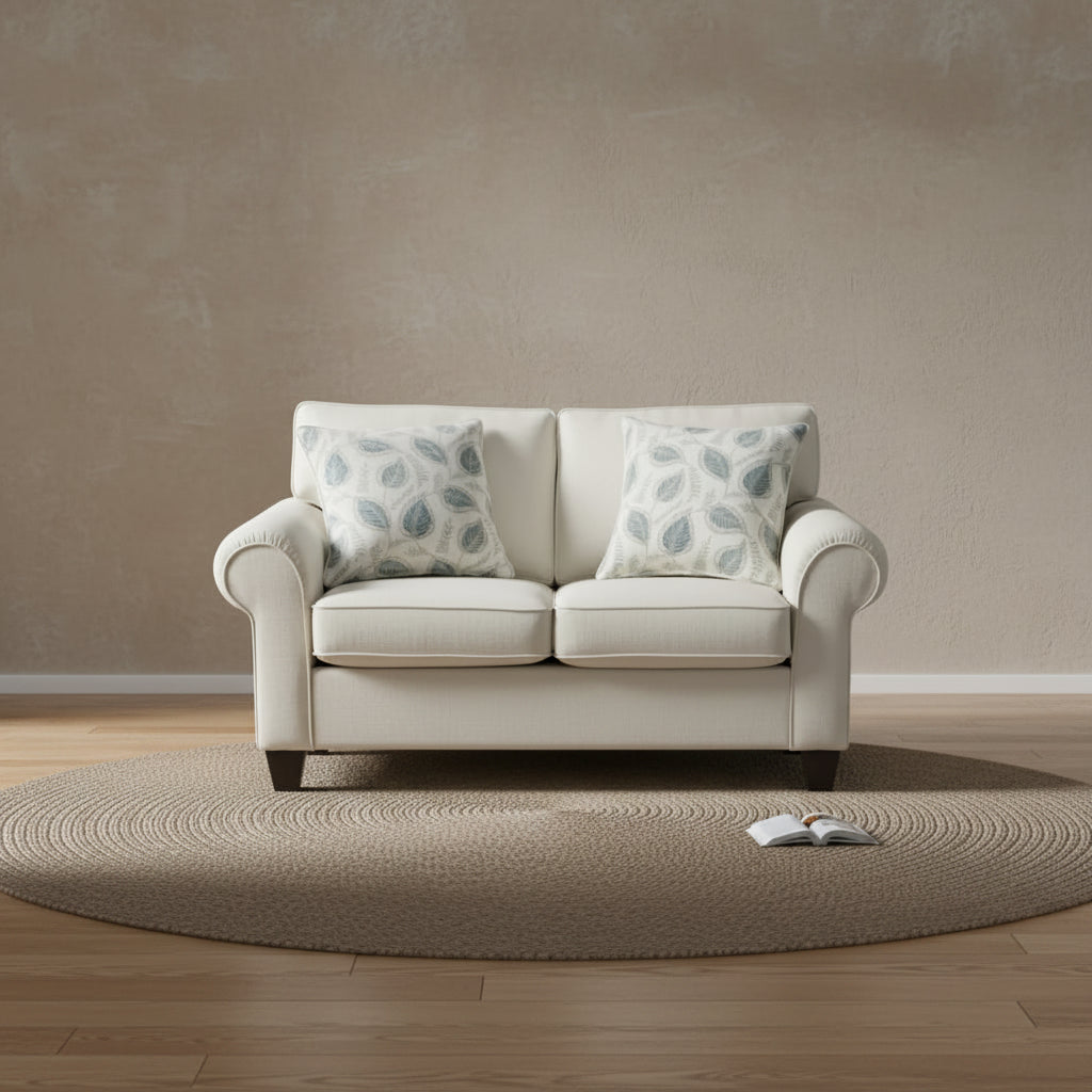 Made in Canada Scarlett 64 Chenille Fabric Loveseat with Rolled Arms and Accent Pillows - Ecru Beige