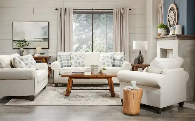 Causeuse en chenille faite au Canada 64 po avec bras roulés et coussins décoratifs – beige écru