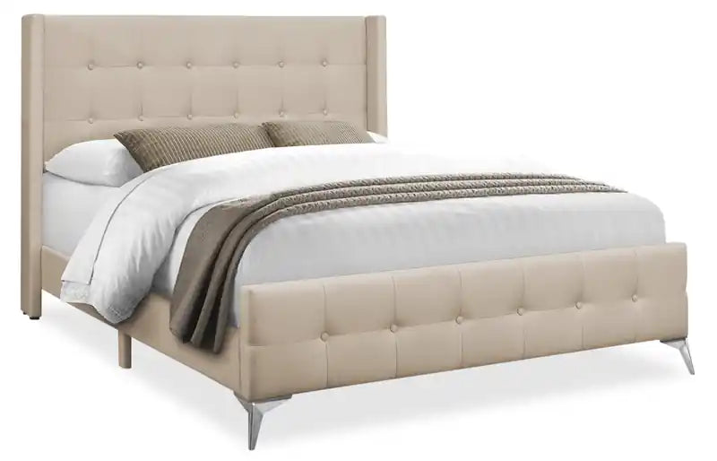 Zara Upholstered Bed in Beige Linen-Look Fabric - Button Tufted