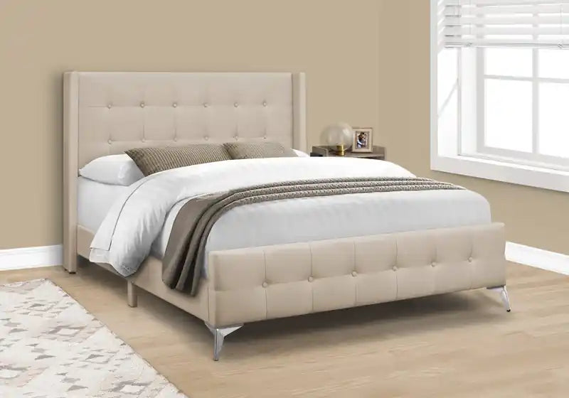Lit capitonné en tissu beige aspect lin – Boutons touffetés