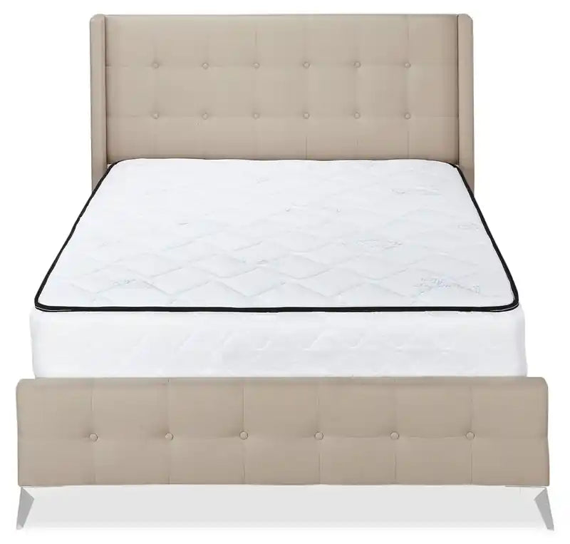 Lit capitonné en tissu beige aspect lin – Boutons touffetés