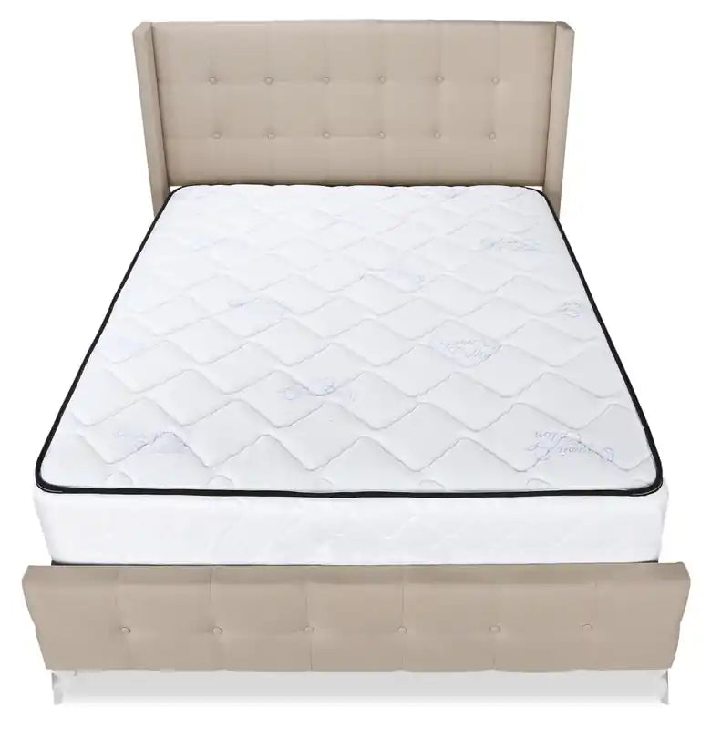 Lit capitonné en tissu beige aspect lin – Boutons touffetés