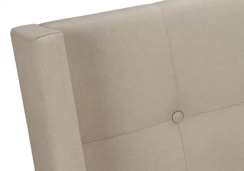 Lit capitonné en tissu beige aspect lin – Boutons touffetés