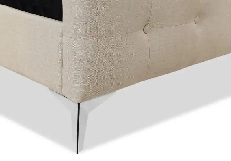Lit capitonné en tissu beige aspect lin – Boutons touffetés