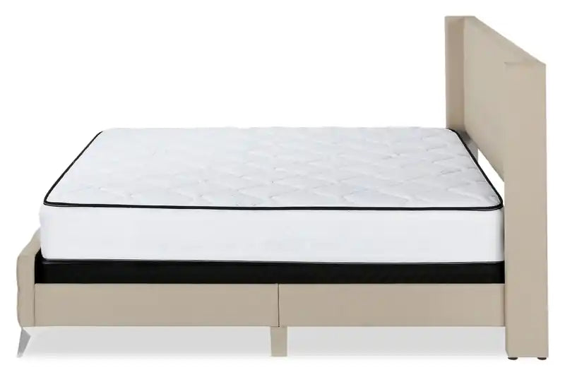 Lit capitonné en tissu beige aspect lin – Boutons touffetés